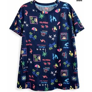 Joyspun Womens Navy Blue Tropical Beach Print Sleep Dress Nightgown Pockets XL